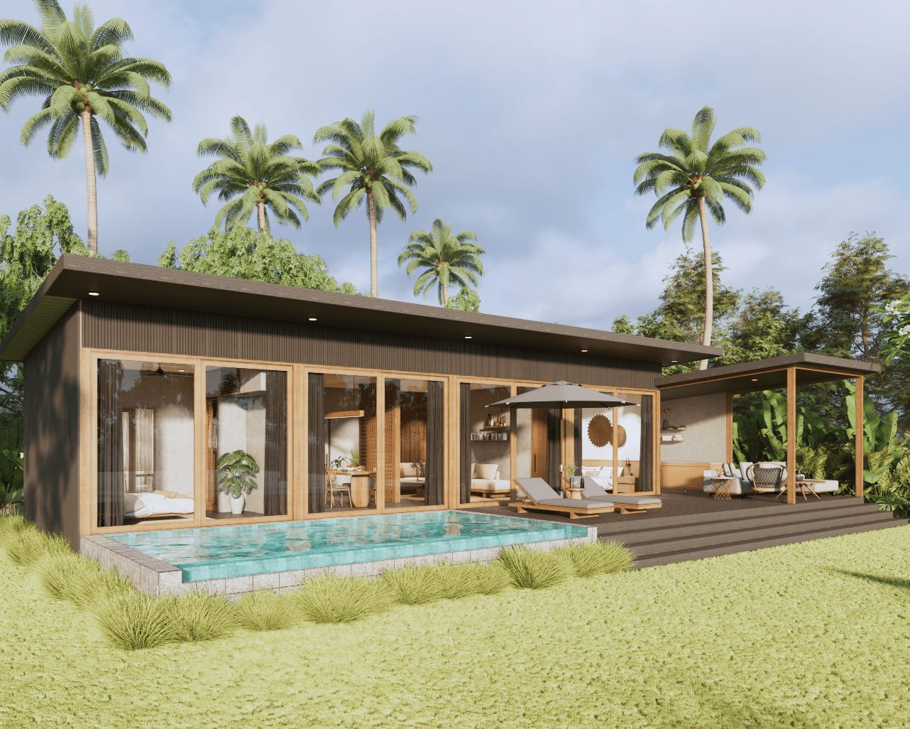 3D render of a single-story Mila villa with private pool, palm trees, and glass-walled living areas
