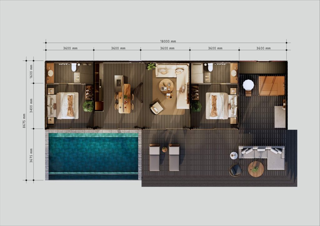 Floor plan of a multi-room Mila Resort villa layout, 18 meters wide across five 3.6-meter modules