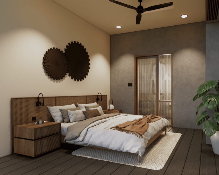 Mila Resort bedroom interior with bio-composite panelling