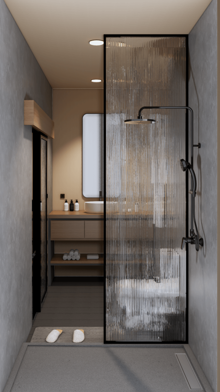 Mila Resort bathroom with rain shower and teak detailing