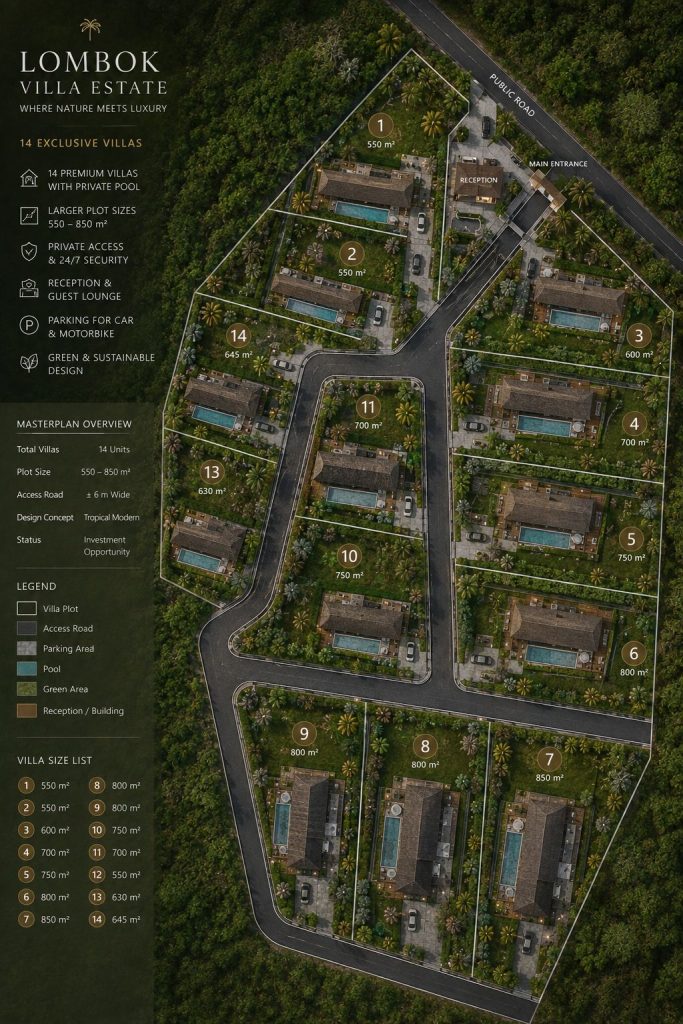 Kuta Lombok Villa Estate masterplan showing 14 villa plots, pools, access roads and reception