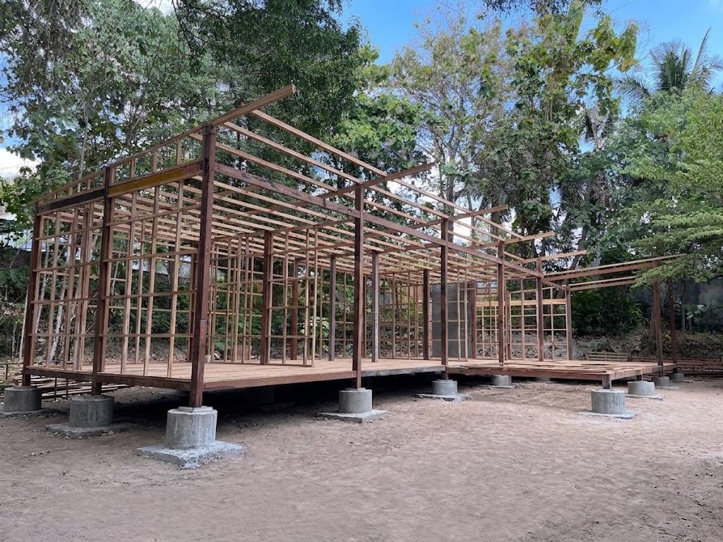 Timber glulam frame under construction at the Mila Villa factory in Yogyakarta